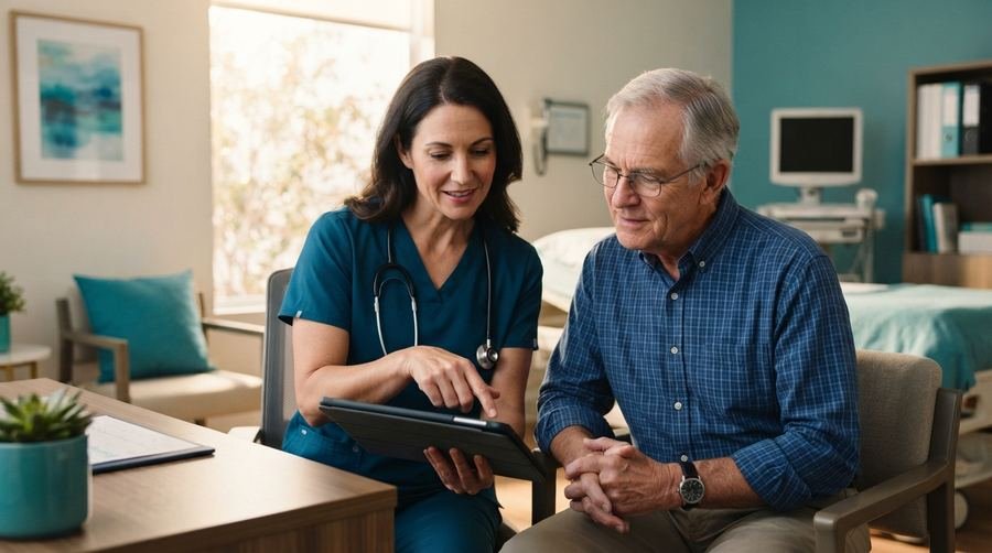 A Nova Clinic family physician consulting with a patient in an exam room