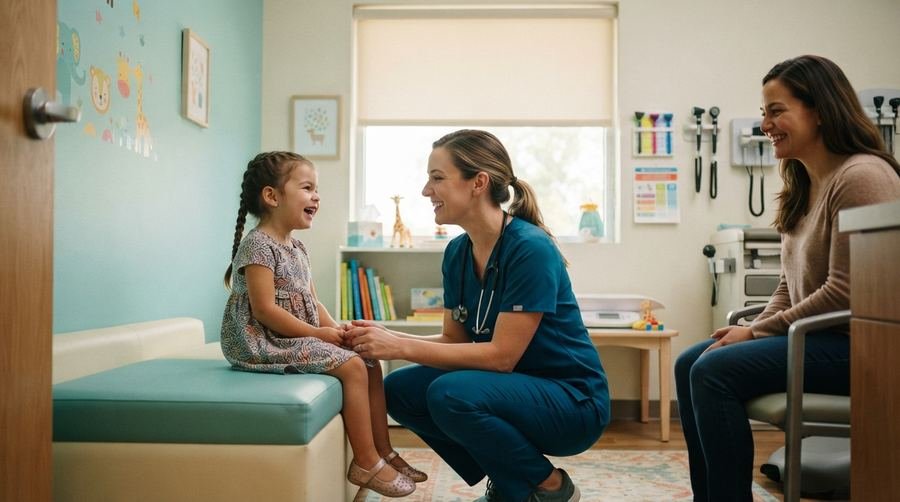 Pediatrician checking a young child during a wellness visit
