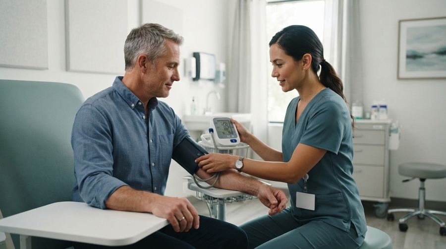 Nurse measuring blood pressure for chronic condition management